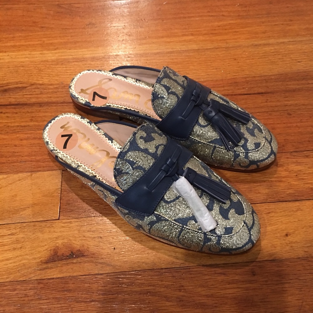 Sam Edelman | Jacquard Gold and Blue Paris Mules - Picture 2 of 8